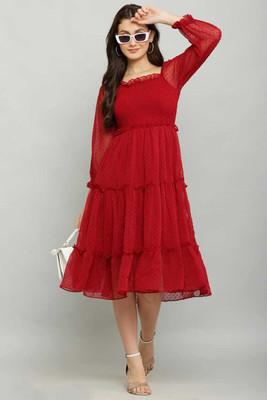 RADSOM Women Fit and Flare Red Below Knee Dress