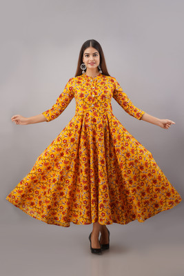 Kurtiking Women Floral Print Flared Kurta(Yellow)