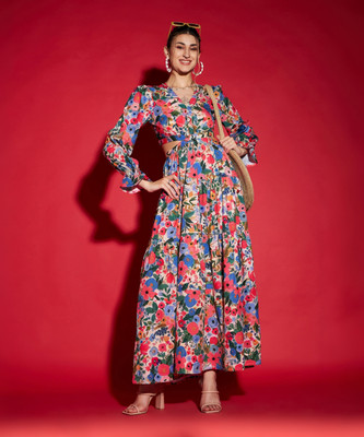 SASSAFRAS Women Fit and Flare Multicolor Maxi/Full Length Dress