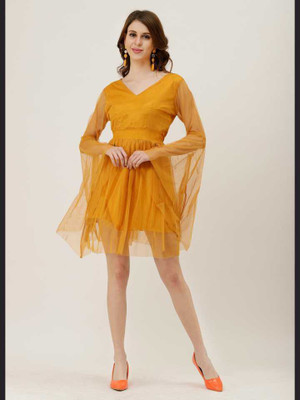 TANDUL Women A-line Yellow Above Knee/Mid Thigh Length Dress