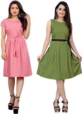 tanvi creation Women Fit and Flare Green, Pink Dress