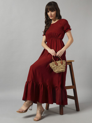 Jash Creation Women Fit and Flare Maroon Maxi/Full Length Dress