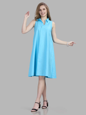 Autumn Hues Women Fit and Flare Blue Knee Length Dress