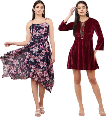 Hunoor Women Fit and Flare Dark Blue, Multicolor Midi/Calf Length Dress
