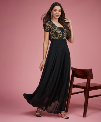 Miss Chase Women A-line Black Maxi/Full Length Dress