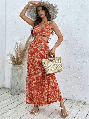 Berrylush Women Maxi Orange Full Length Dress