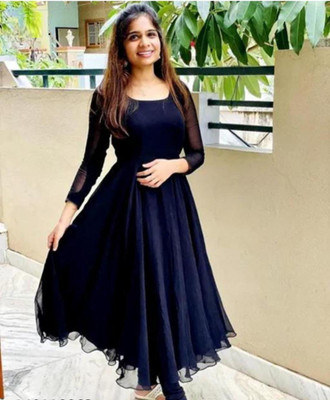 indofly Women Solid Anarkali Kurta(Blue)