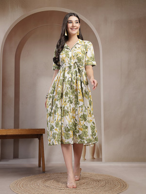 Stylum Women Fit and Flare Green Below Knee Dress