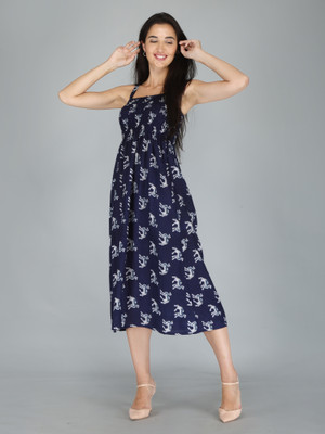 DIAMO Women Ethnic Dress Dark Blue, White Knee Length Dress