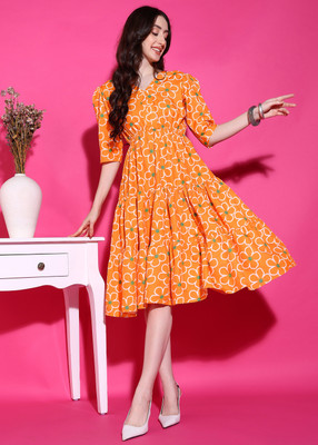 DSK STUDIO Women Fit and Flare Orange Midi/Calf Length Dress