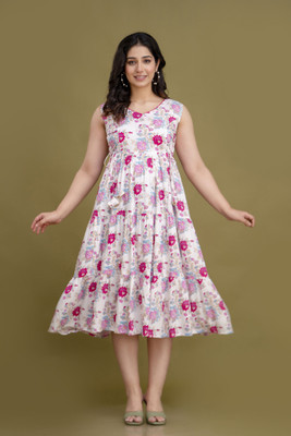 Demirner Women Fit and Flare Pink Midi/Calf Length Dress