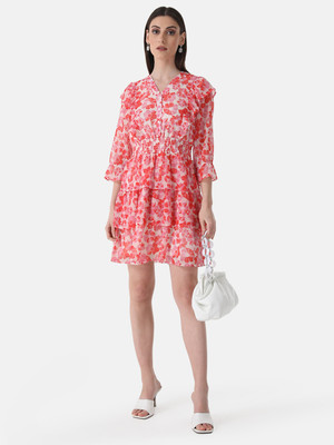 KAZO Women Fit and Flare Pink, White, Orange Above Knee/Mid Thigh Length Dress