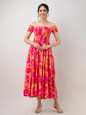 ZWERLON Women Fit and Flare Multicolor Midi/Calf Length Dress