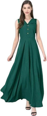 Rudraaksha Women A-line Dark Green Maxi/Full Length Dress