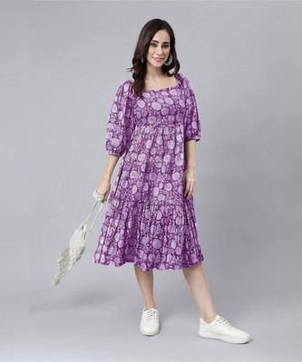 Janasya Women Fit and Flare Purple Midi/Calf Length Dress