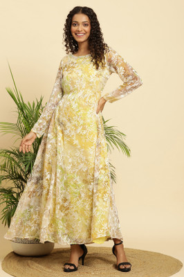 W Women A-line Yellow, White, Brown Ankle Length Dress