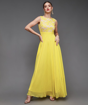 Miss Chase Women Gown Yellow Maxi/Full Length Dress