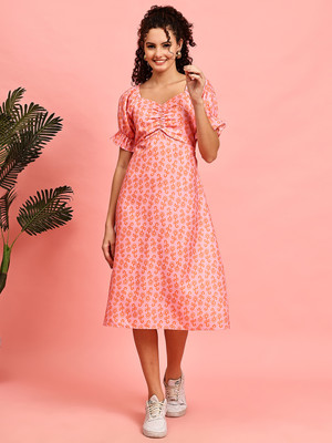 Jakanary Women Fit and Flare Pink Midi/Calf Length Dress