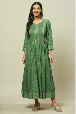 RANGRITI Women Ethnic Dress Green Midi/Calf Length Dress