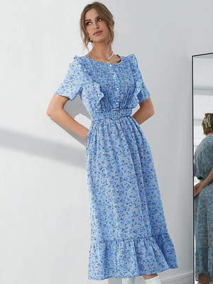 KOTTY Women Fit and Flare Blue, Dark Blue, Beige Maxi/Full Length Dress