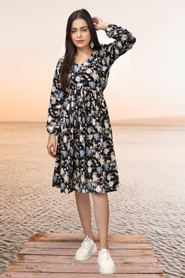 kilkilat Women Fit and Flare Black Knee Length Dress