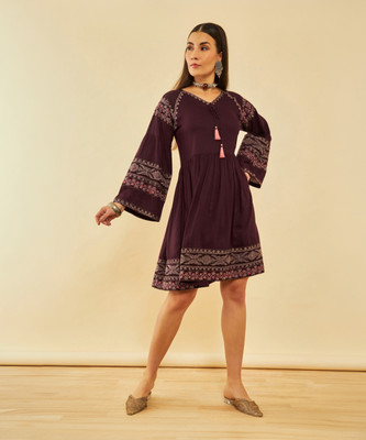 soch Women Gathered Maroon, Beige Above Knee/Mid Thigh Length Dress