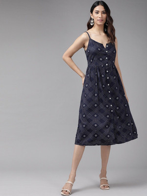 AKIKO Women A-line Blue Midi/Calf Length Dress