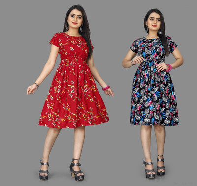 Rudra Fab Women A-line Red, Multicolor Above Knee/Mid Thigh Length Dress