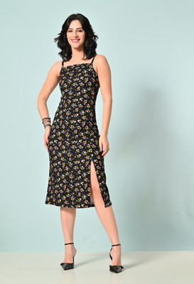 METRONAUT Women Bodycon Black, Yellow Midi/Calf Length Dress