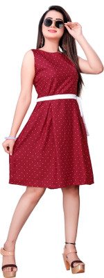 Hiral Creation Women Fit and Flare Red Knee Length Dress