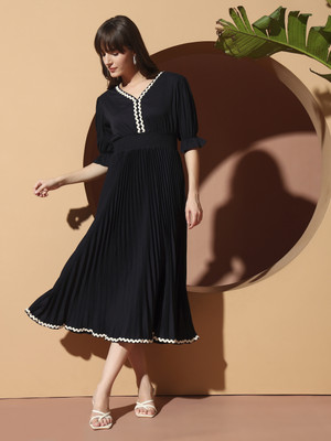 ZWERLON Women A-line Black Midi/Calf Length Dress