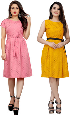 maruti fab Women Fit and Flare Pink, Yellow, Black Knee Length Dress