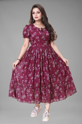 GROMint Women Fit and Flare Maroon Maxi/Full Length Dress