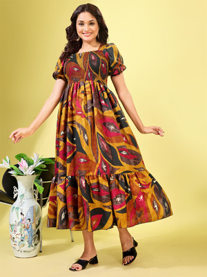 Deklook Women Fit and Flare Yellow Midi/Calf Length Dress