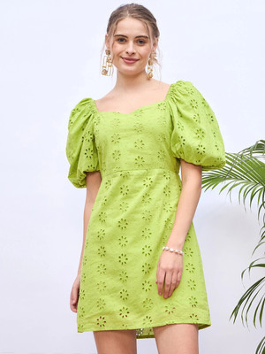 ZUMMER Women Fit and Flare Green Above Knee/Mid Thigh Length Dress