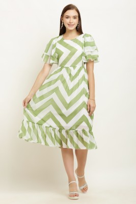 The Window Shop Women Fit and Flare Green, White Dress