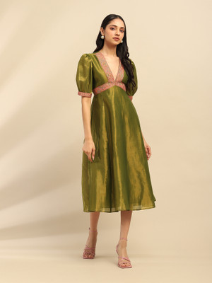 aarke Ritu Kumar Women Fit and Flare Green Below Knee Dress