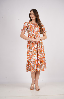 AKSHA CREATION Women Fit and Flare Orange Midi/Calf Length Dress