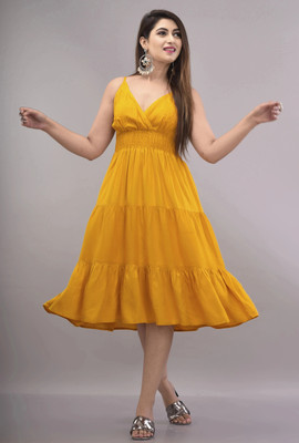 VYMO Women A-line Yellow Knee Length Dress