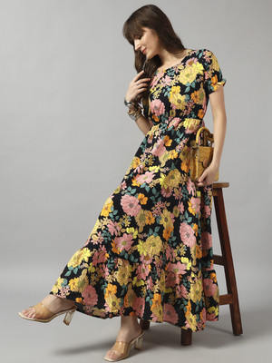 Krunal Raiyani Women Fit and Flare Yellow Maxi/Full Length Dress
