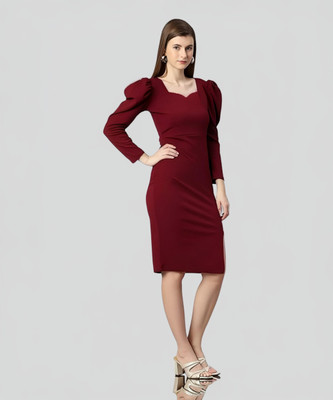 ZELZIS Women Bodycon Maroon Knee Length Dress