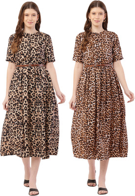 HEAVENS CREATIONS Women Fit and Flare Brown, Blue Midi/Calf Length Dress