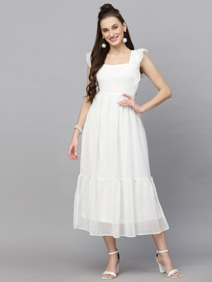 AAYU Women Fit and Flare White Midi/Calf Length Dress
