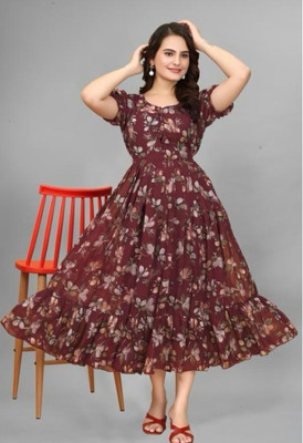 fennel Women Gathered Maroon Knee Length Dress