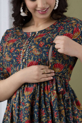 DEEPS FASHIONS Women Printed Gown Kurta(Dark Blue)