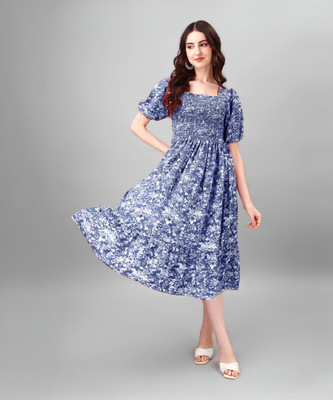 Krunal Raiyani Women Fit and Flare Blue Midi/Calf Length Dress