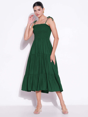 SHOWOFFFF Women Fit and Flare Green Midi/Calf Length Dress