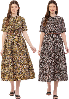 Miranga Women Fit and Flare Brown, Blue Below Knee Dress