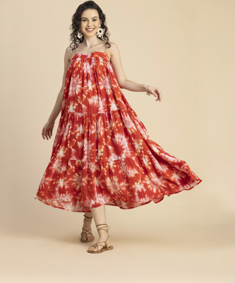 moomaya Women Tiered Orange Midi/Calf Length Dress