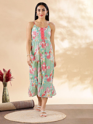 ANOUK Women Fit and Flare Green Below Knee Dress